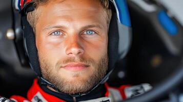 A man in a racing car with a blue beard photo