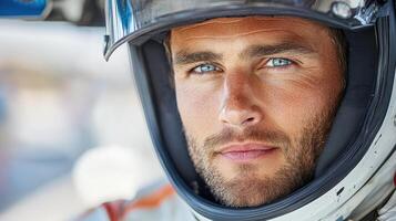A man in a race car with blue eyes photo