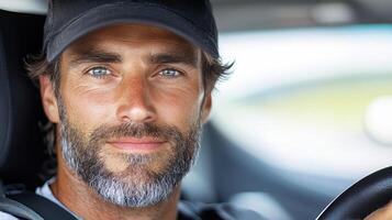 A man with a beard and a cap is driving a car photo