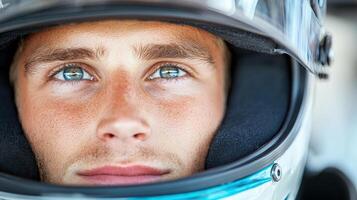 A close up of a man in a racing helmet photo