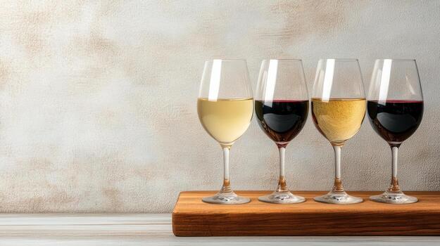 Three wine glasses with different colored wine photo