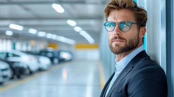 A man in a suit and glasses standing in front of a car photo