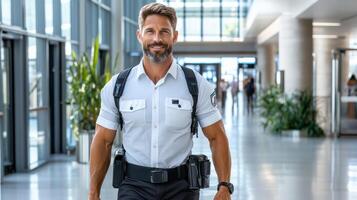 A man in a white shirt and black vest walking through an office building photo