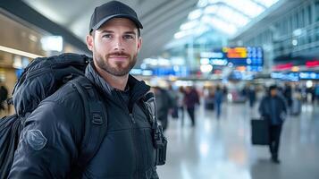 A man with a backpack standing in an airport photo