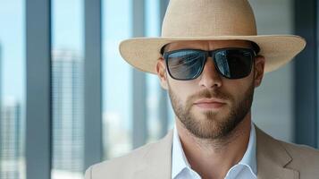A man wearing sunglasses and a hat photo