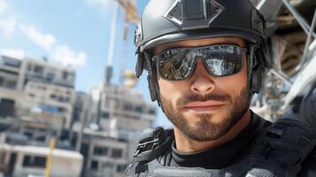 A man in a helmet and sunglasses is looking at the camera photo