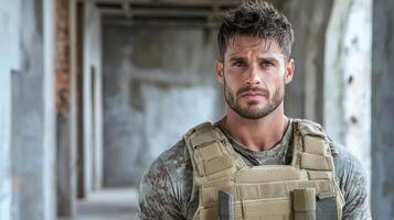 A man in a military uniform standing in an abandoned building photo