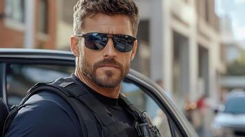 A man in sunglasses and a police uniform photo