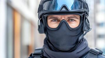 A man in a black mask and goggles photo
