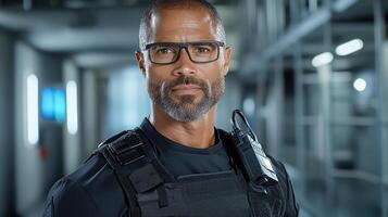 A man in a police uniform with glasses photo