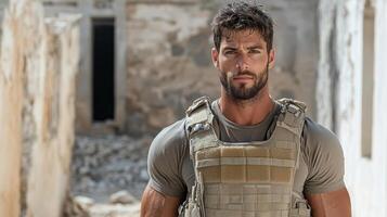 A man in a military vest standing in an abandoned building photo