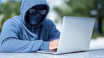 A man wearing a hoodie and sunglasses is using a laptop photo