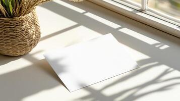 Blank white card on window sill with sunlight photo