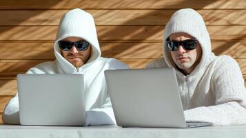 Two men in hoodies and sunglasses sitting at a table with laptops photo