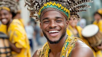 A man in a colorful costume is smiling photo