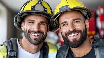 Two men in firefighting gear smiling for the camera photo