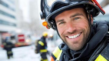A smiling fireman in a winter hat photo