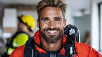 A man in an orange jacket and safety gear smiling photo