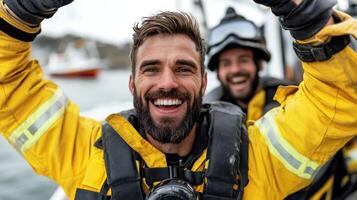 Two men in yellow jackets on a boat photo