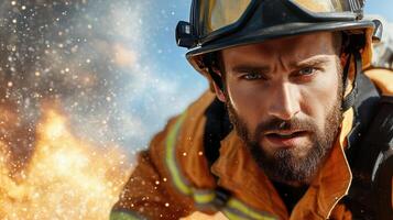 A man in a fireman's uniform is looking at the camera photo