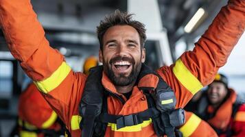 A man in an orange life jacket is smiling photo