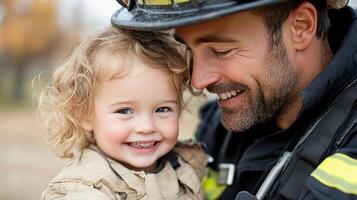 A smiling little girl is holding a firefighter's hat photo