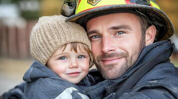 A man in a fireman's uniform holding a child photo