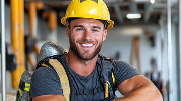 A smiling man in a hard hat and safety vest photo