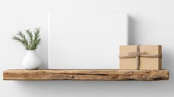 Blank canvas mockup on wooden shelf with vase and gift box 3d rendering photo