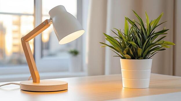 A desk lamp with a plant in a pot photo