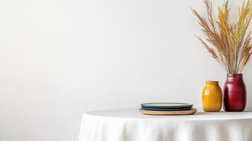 A table with two vases and a bowl of dry grass photo