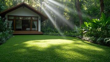 A small house in the middle of a lush green forest photo