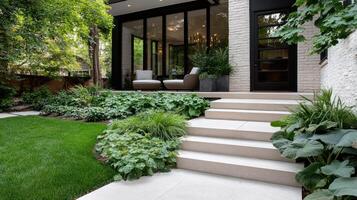 A modern garden with steps leading to a patio photo