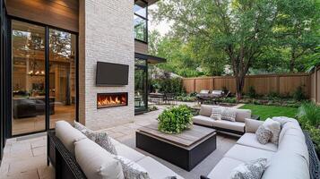 A modern outdoor living area with a fireplace photo