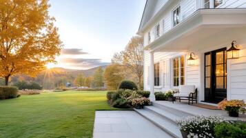 A white house with a porch and a lawn photo