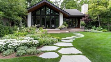 A beautiful garden with stepping stones and flowers photo