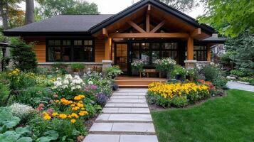 A small house with a garden and flowers photo