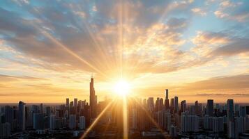 The sun is rising over a city skyline photo