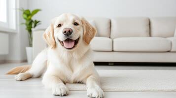A dog sitting on a rug in a living room photo