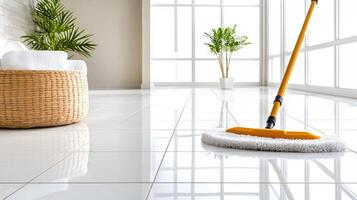A mop is cleaning a floor in a room photo