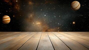 An empty room with a wooden floor and planets in the sky photo