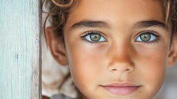 A young girl with blue eyes looking at the camera photo