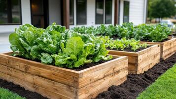 Raised garden beds with vegetables in them photo