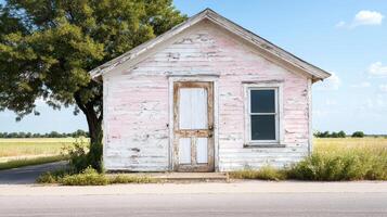 A small pink house with a white door photo