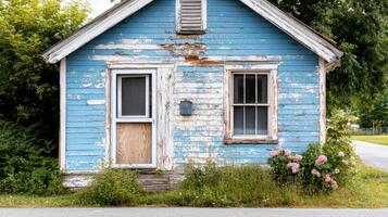 An old blue house with a door and windows photo