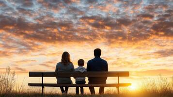 A family sitting on a bench at sunset photo