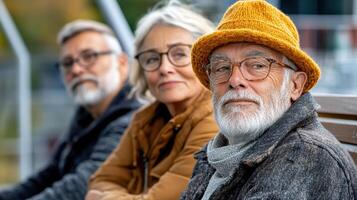 Three older people sitting on a bench photo