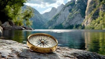 A compass on the rock near the lake photo