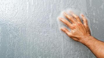 A person's hand is touching a wall with water on it photo