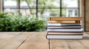 A stack of books on a wooden table in front of a window photo